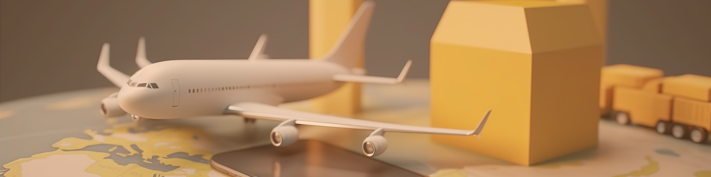Kakobuy official logistics illustration with a cargo plane, yellow parcels and a delivery truck