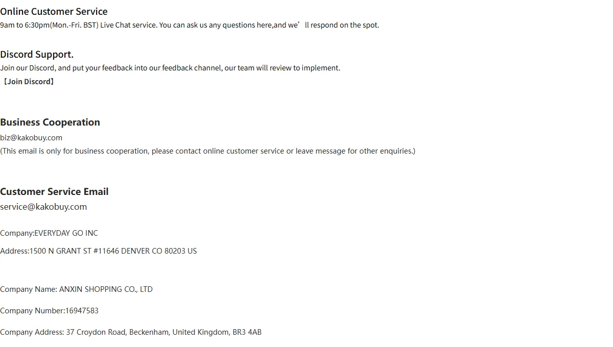Official contact page showing live chat hours, Discord support, business and service email addresses, and the printed company details