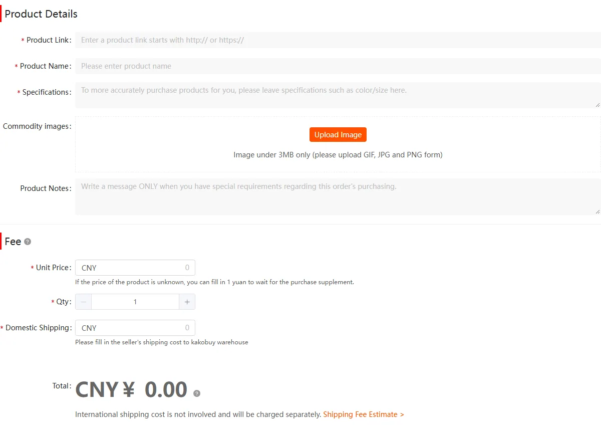 The official Fill and Buy form: product link, name, specifications, image upload, price and shipping fields, with the disclaimer paragraph above the buy buttons