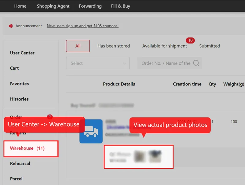 Official tutorial screenshot: the User Center sidebar with Warehouse highlighted and QC picture thumbnails boxed