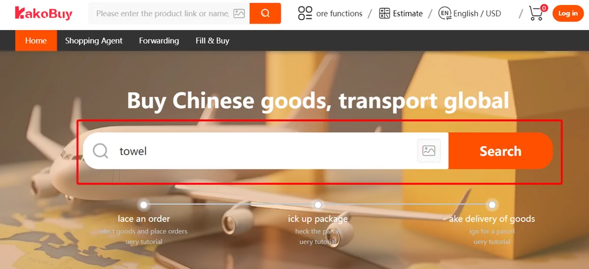 Official tutorial screenshot: the word towel typed into the Kakobuy search bar, boxed in red