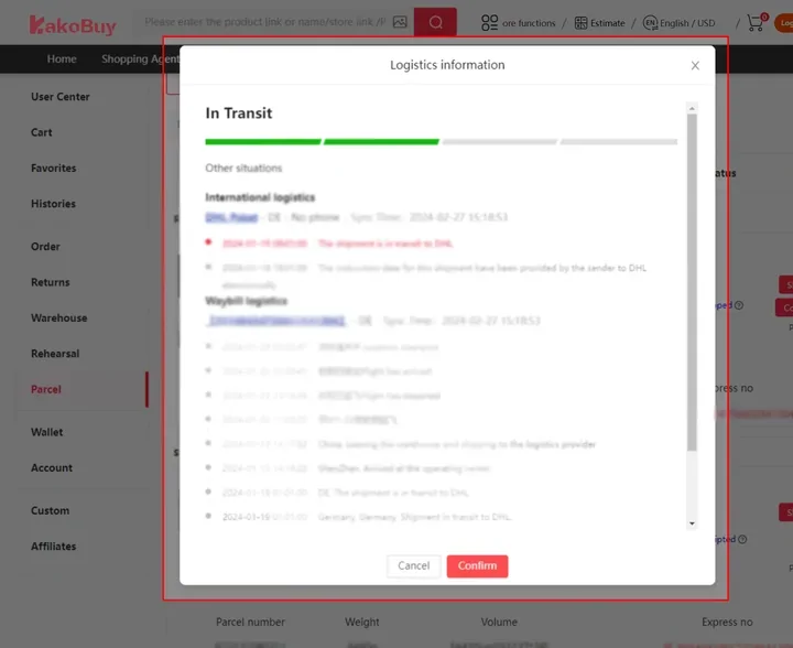 Official tutorial screenshot: the logistics information modal with international tracking events