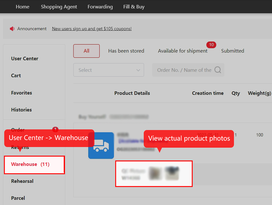 Warehouse sidebar and stored item QC Picture thumbnails